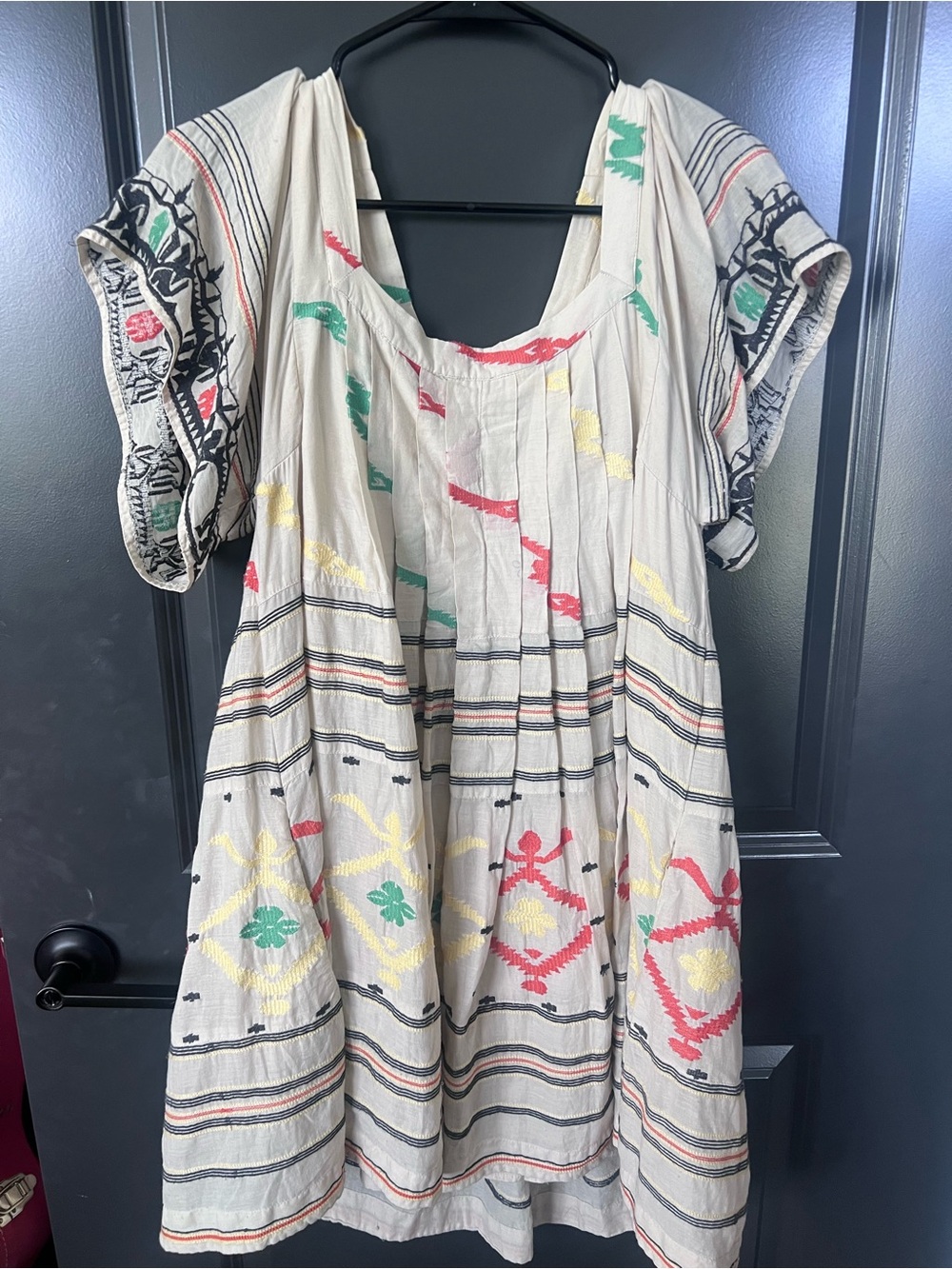 Free People Boho Embroidered Cream Cotton Dress with Multicolor Accents